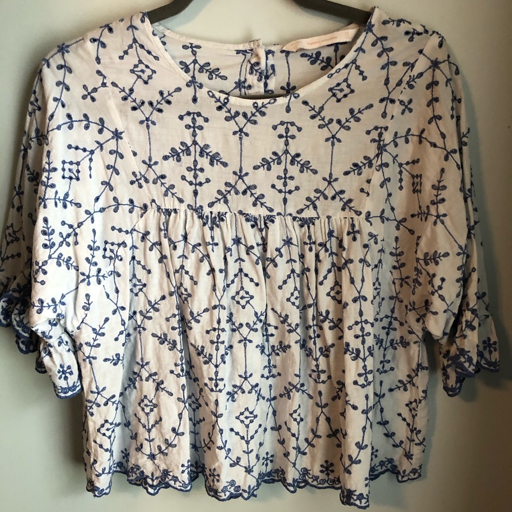 Zara White and Blue Broderie Top